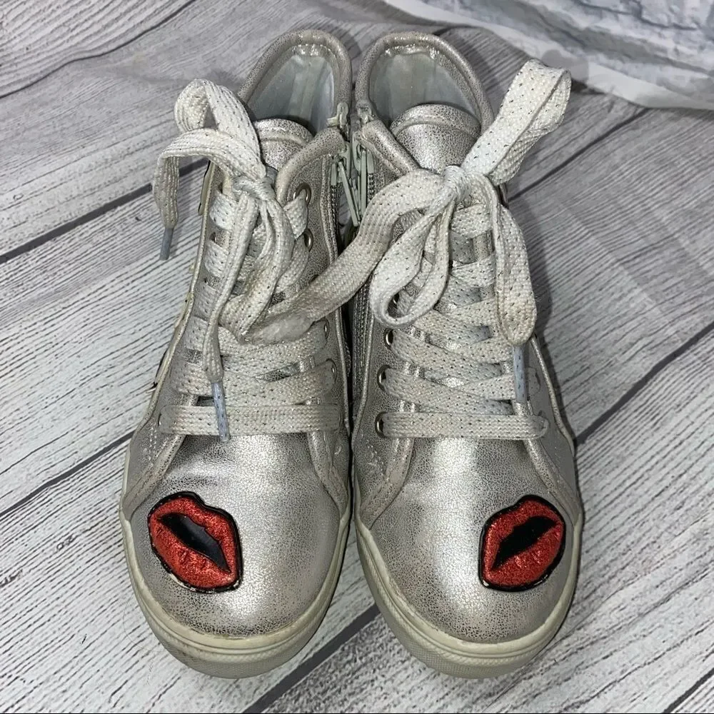 Justice high top sneakers with side zipper and tie up laces silver girls sz 13